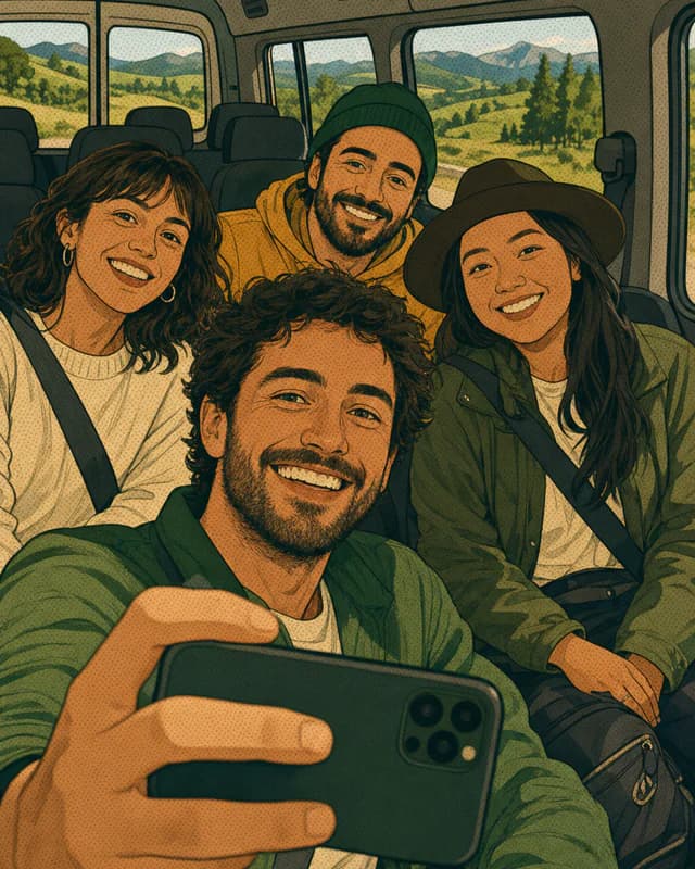 Group of travelers taking a selfie inside the van